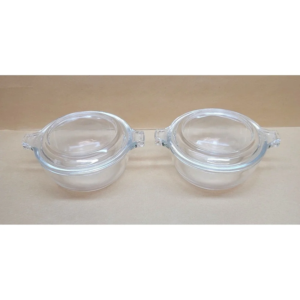 Set of 2 Vintage Pyrex 018 Clear Glass 10oz Round Casserole Dishes with Lids USA